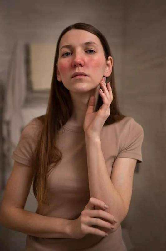 Kobieta z trądzikiem różowatym na twarzy