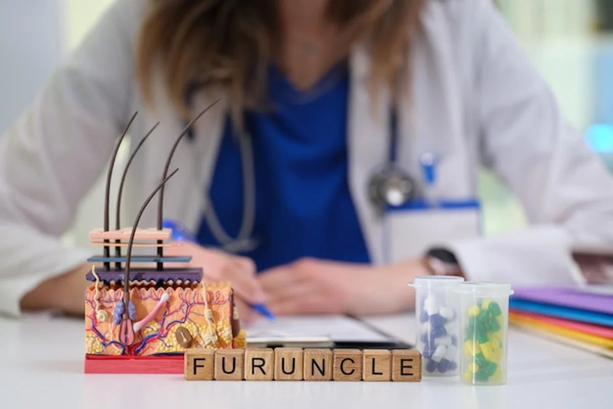 Model medyczny pokazujący furunkulę i metody leczenia