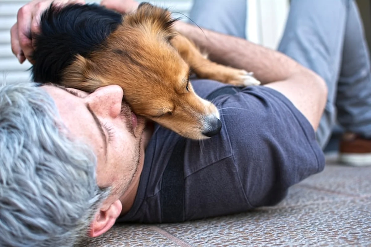 Mężczyzna leżący z psem na piersi