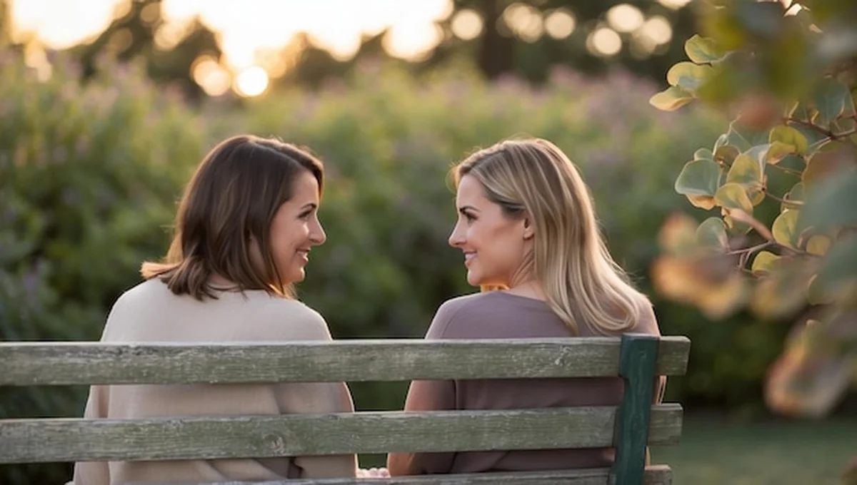 Dwie kobiety siedzą na ławce i patrzą na kamerę